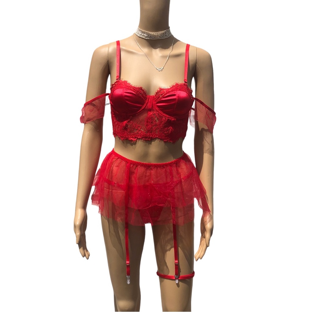 Red Sparkle Contrast Mesh Underwire Garter Babydoll Lingerie Set